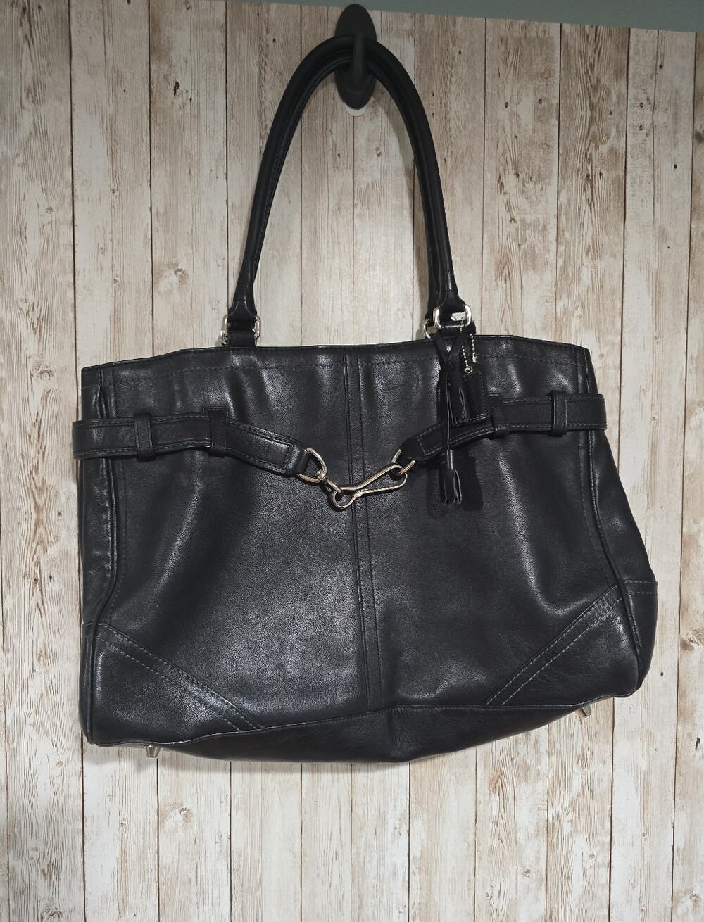 Coach Hampton Genuine Black Leather Teal Accent Satchel Shoulder Bag Y2k